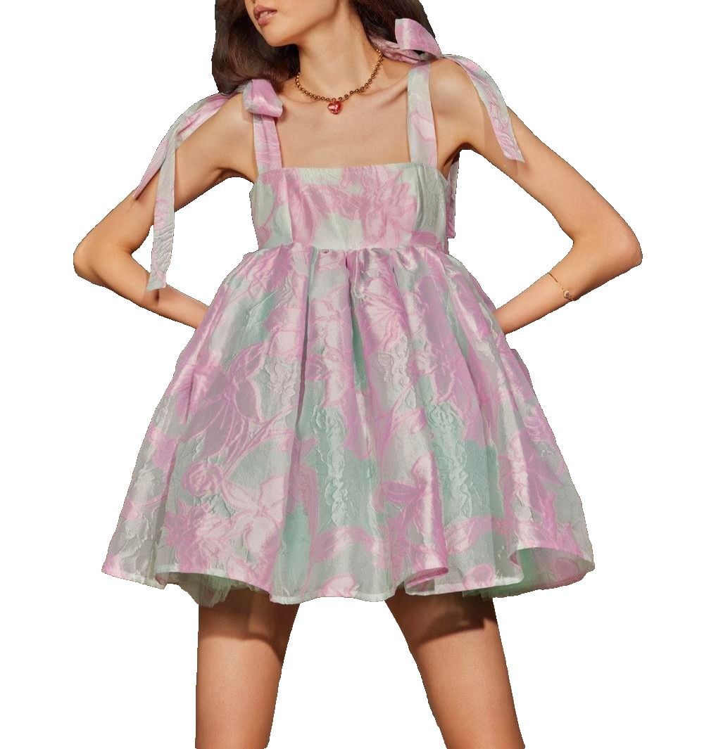 Wolf & Badger Baby Doll Pink Floral Embossed Sz S Coquette Fairy Bow Puff Dress